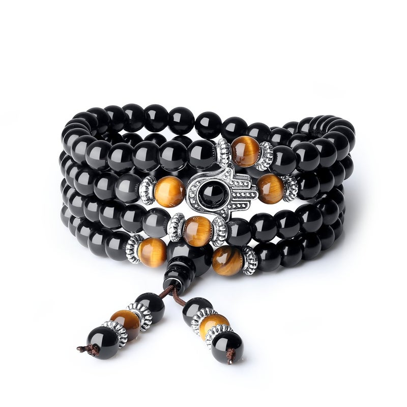 COAI 108 Mala Beads Hamsa Hand Bracelet, Obsidian Tiger Eye 108 Mala Prayer Beads Bracelet for Men Women - Image 1