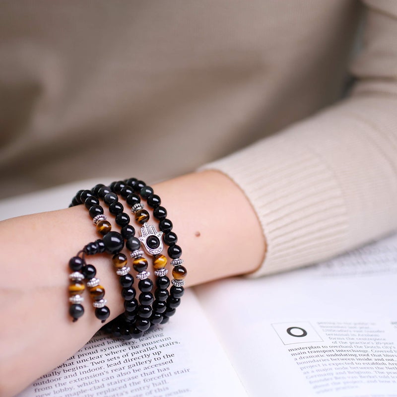 COAI 108 Mala Beads Hamsa Hand Bracelet, Obsidian Tiger Eye 108 Mala Prayer Beads Bracelet for Men Women - Image 2