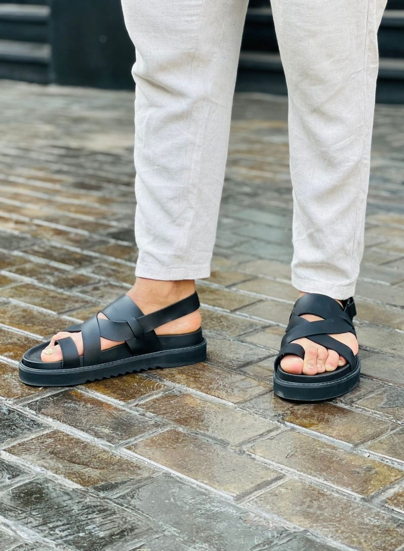 HIGH LINE STORE Unisex Comfortable Sandals X with Lightweight EVA Sole and Durable Leather Straps in a Modern and Stylish Design - Perfect for Daily Wear and Outings - Black Color  - Image 1