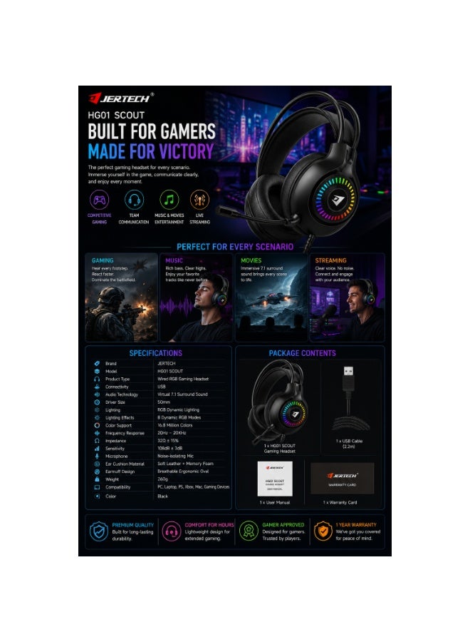 جيرتك سماعة الألعاب HG01 SCOUT USB RGB – صوت محيطي 7.1، مكبرات صوت 50 مم، تصميم خفيف الوزن - Image 3