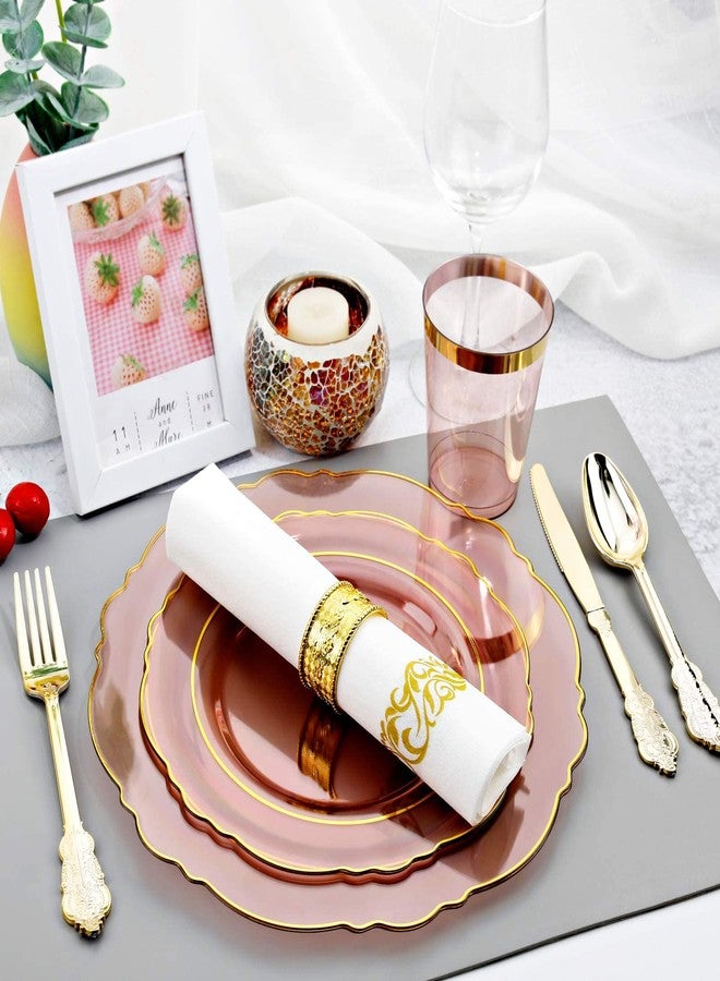 KIRE 210Pcs Clear Pink Plastic Plates with Gold Rim - Disposable Gold Silverware &Pink Cups&Hand Napkin - Plum Colored Plastic Dinnerware for Upscale Wedding - Image 5