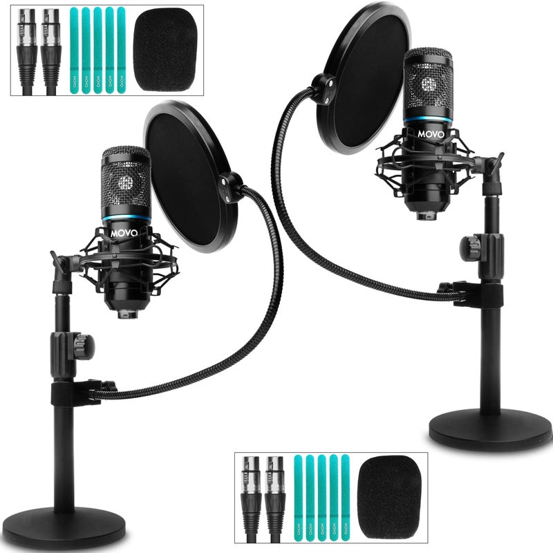 Movo PodPak2T 2-Pack Universal XLR Condenser Microphone Podcasting Equipment Bundle for 2 - Includes 2 Cardioid Mics, Desktop Stands, Shock Mounts, Pop Filters and Cables - Podcast and YouTube Kit - Image 1