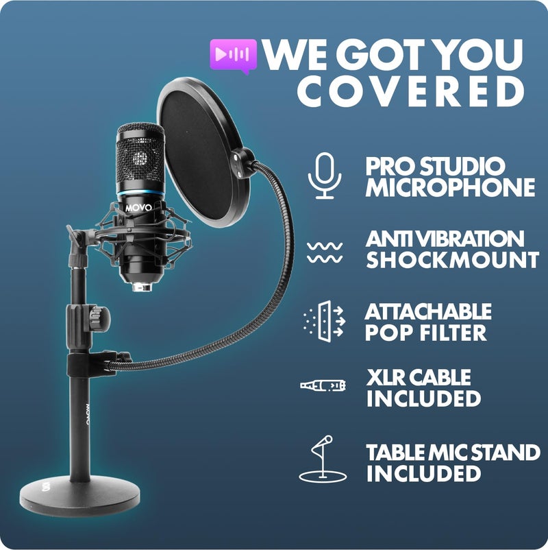 Movo PodPak2T 2-Pack Universal XLR Condenser Microphone Podcasting Equipment Bundle for 2 - Includes 2 Cardioid Mics, Desktop Stands, Shock Mounts, Pop Filters and Cables - Podcast and YouTube Kit - Image 4