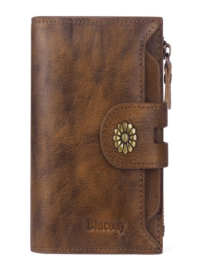 Blucoay Wallet Women,Leather Bifold Womens Wallet RFID Blocking Compact Card Holder Small Wallet with Removable ID Window, a3-darkbrown, Retro - Image 1