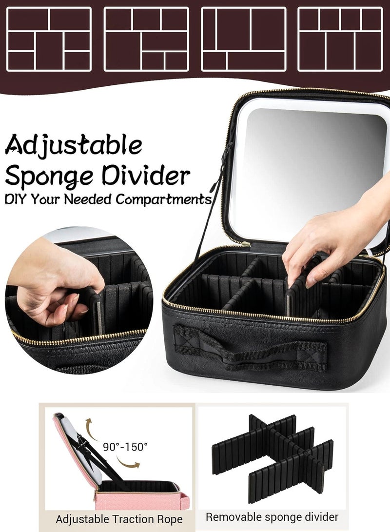 دي بلو حقيبة تخزين مستحضرات التجميل للسفر مع مرآة LED قابلة للفصل والشحن، منظمة لأدوات التجميل والإكسسوارات مع فواصل قابلة للتخصيص وفتحات للفرش، هدية مثالية للسيدات والفتيات - Image 2
