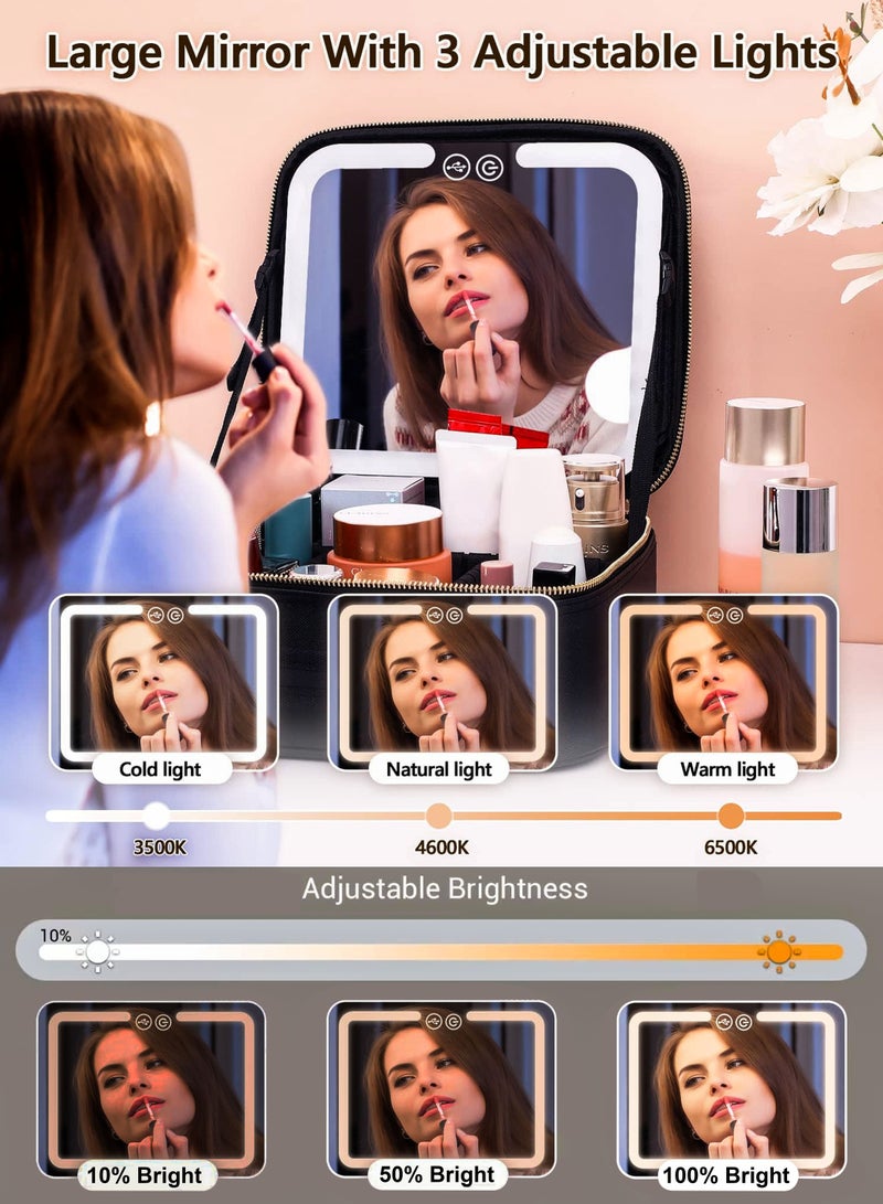 دي بلو حقيبة تخزين مستحضرات التجميل للسفر مع مرآة LED قابلة للفصل والشحن، منظمة لأدوات التجميل والإكسسوارات مع فواصل قابلة للتخصيص وفتحات للفرش، هدية مثالية للسيدات والفتيات - Image 3