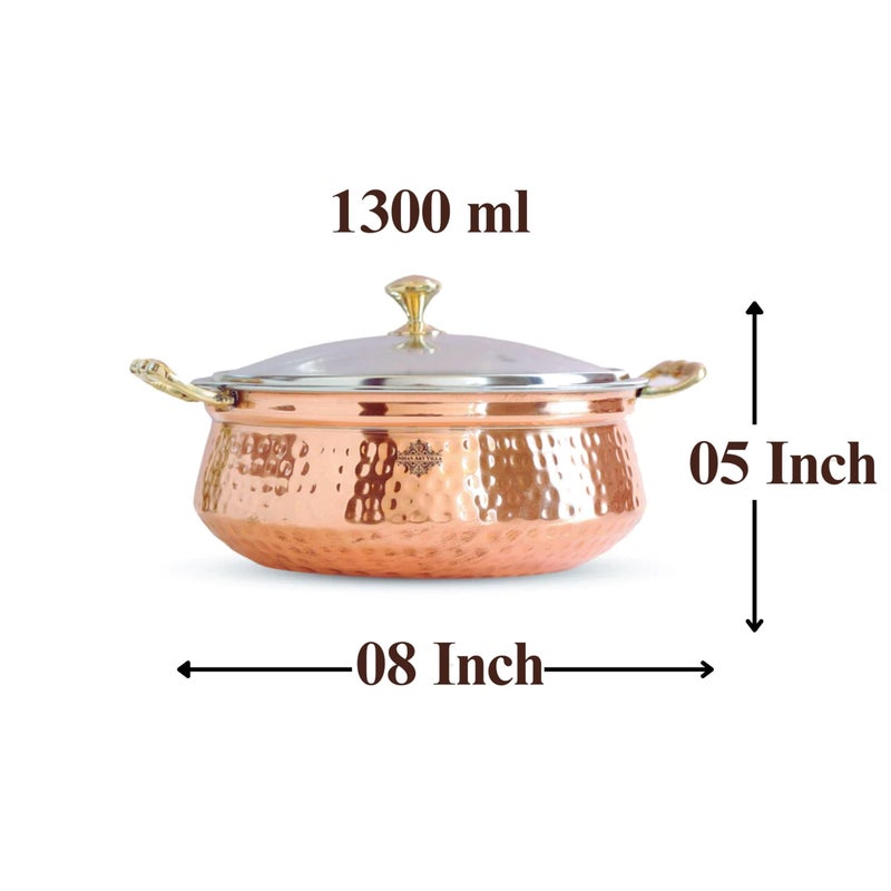 INDIAN ART VILLA Steel Copper Hammered, Polished Design Handi/Casserole with Glass Lid and Brass Knob with H,Volume -1300 ML - Image 4