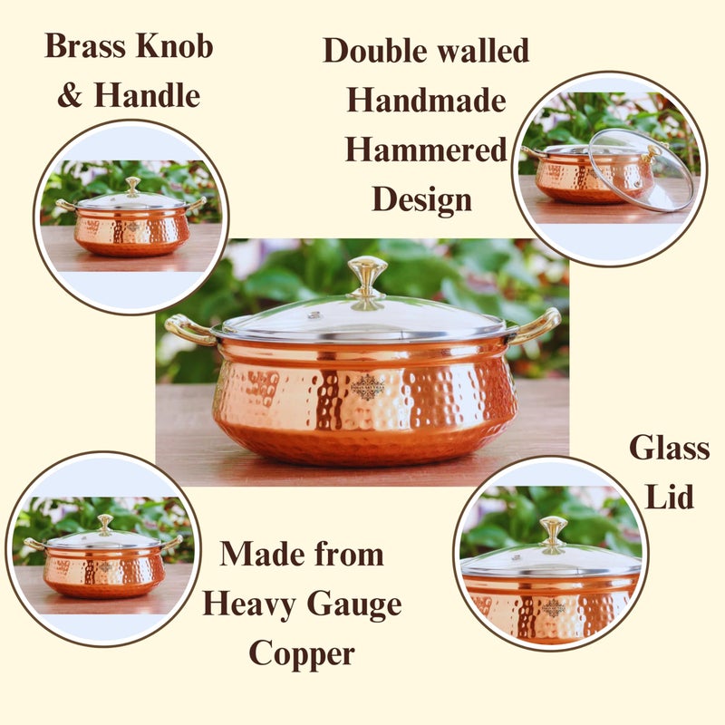 INDIAN ART VILLA Steel Copper Hammered, Polished Design Handi/Casserole with Glass Lid and Brass Knob with H,Volume -1300 ML - Image 5