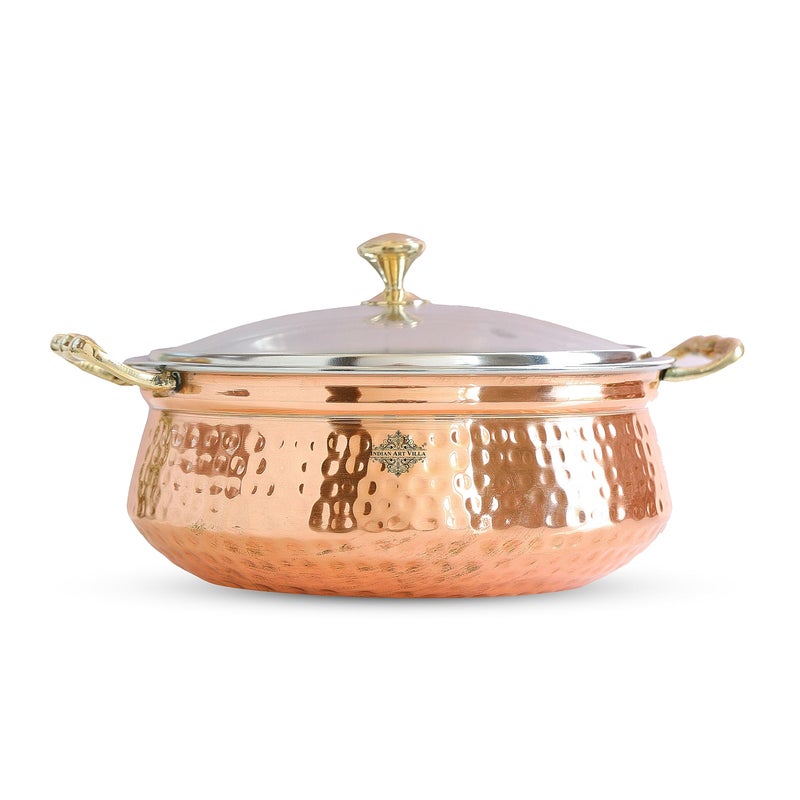 INDIAN ART VILLA Steel Copper Hammered, Polished Design Handi/Casserole with Glass Lid and Brass Knob with H,Volume -1300 ML - Image 1