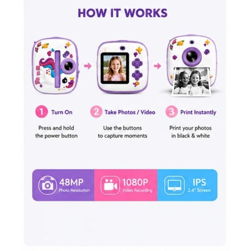 instant print camera for girls: unicorn design, plastic body, pastel pink, instant black white printing, 48MP photo, 1080P HD video, selfie mode, built-in games and music player, birthday gift - Image 5