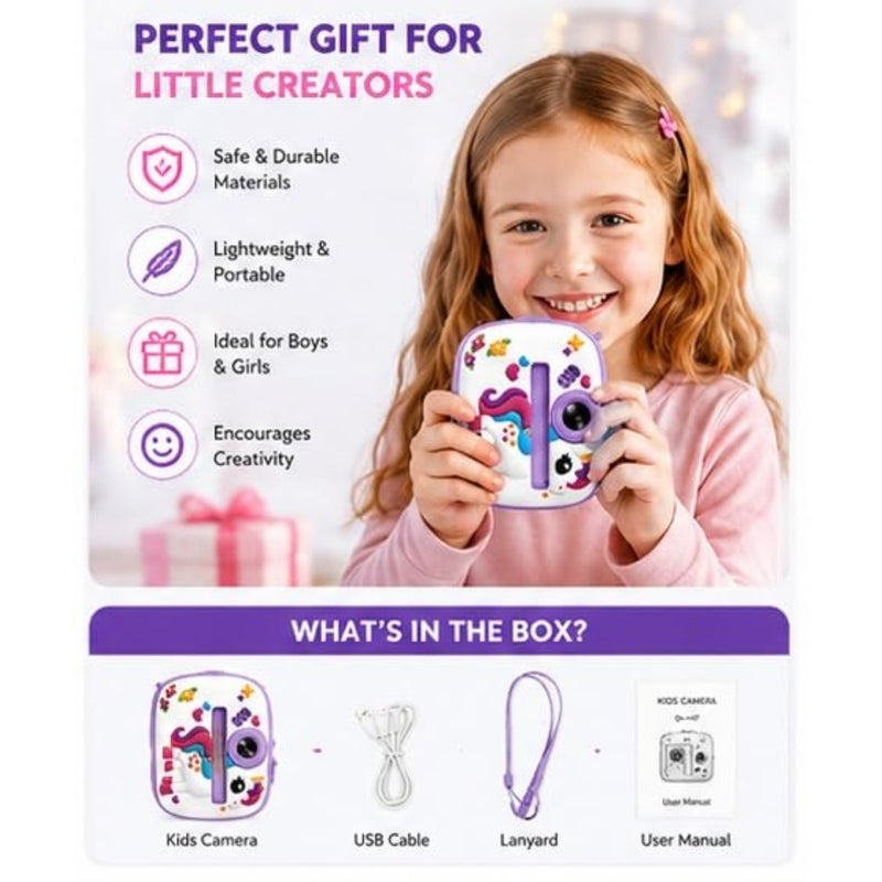 instant print camera for girls: unicorn design, plastic body, pastel pink, instant black white printing, 48MP photo, 1080P HD video, selfie mode, built-in games and music player, birthday gift - Image 3