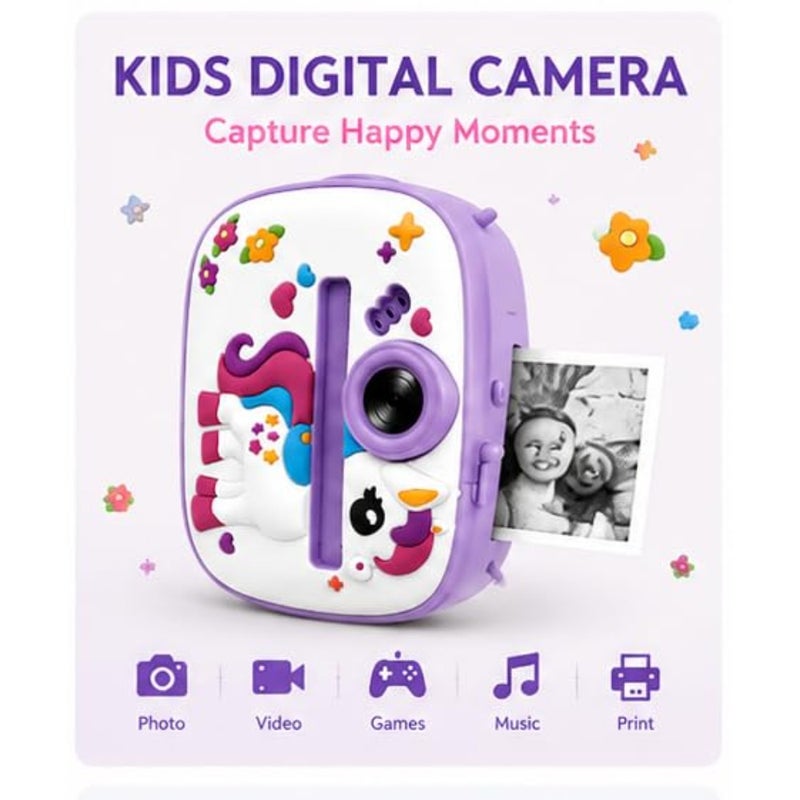 instant print camera for girls: unicorn design, plastic body, pastel pink, instant black white printing, 48MP photo, 1080P HD video, selfie mode, built-in games and music player, birthday gift - Image 2