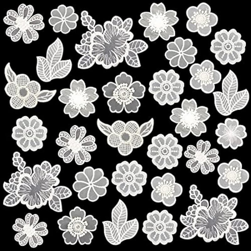 30 PCS Lace Flowers Applique Embroidery Flowers Leaf Sew Iron On Patch, Organza Patches Flowers Applique for Wedding Bridal Dress Sewing Craft DIY Clothes Hair Ornaments (White) - Image 1