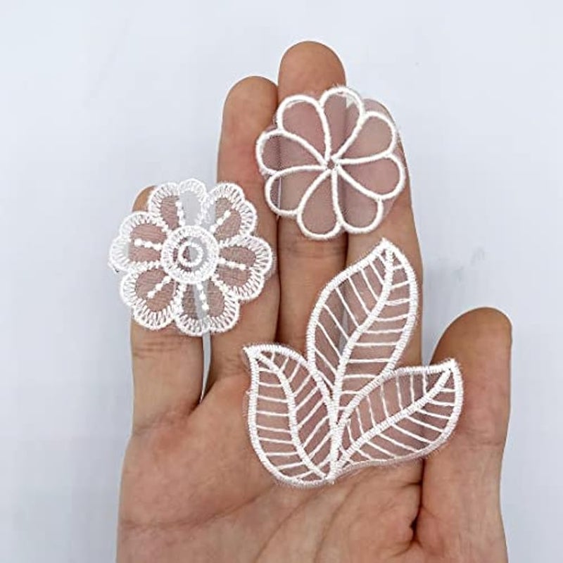 30 PCS Lace Flowers Applique Embroidery Flowers Leaf Sew Iron On Patch, Organza Patches Flowers Applique for Wedding Bridal Dress Sewing Craft DIY Clothes Hair Ornaments (White) - Image 3