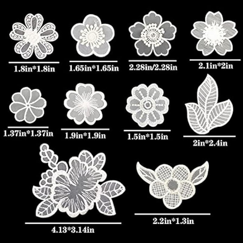 30 PCS Lace Flowers Applique Embroidery Flowers Leaf Sew Iron On Patch, Organza Patches Flowers Applique for Wedding Bridal Dress Sewing Craft DIY Clothes Hair Ornaments (White) - Image 2