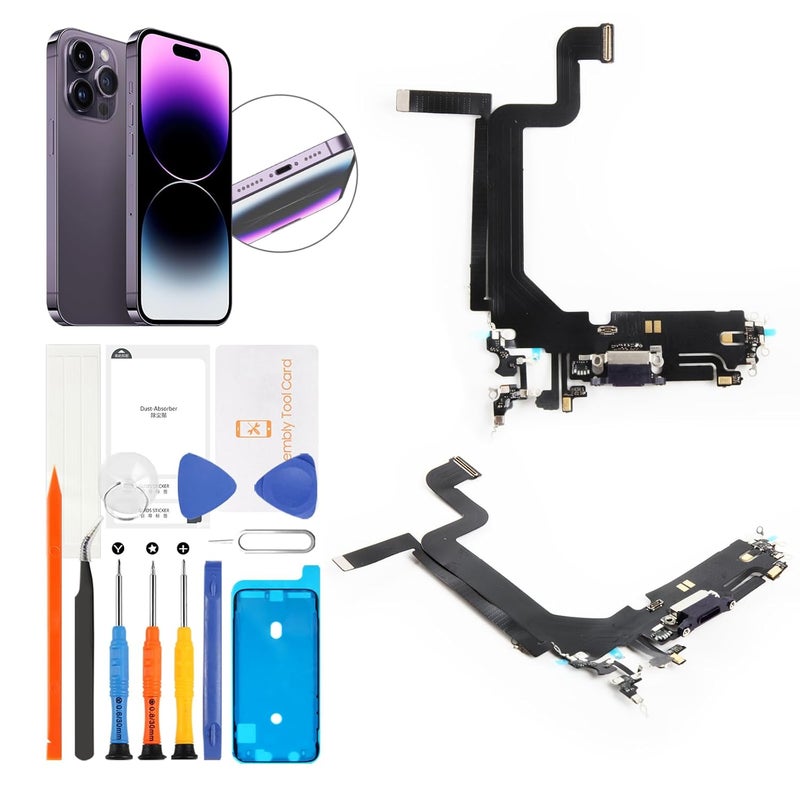 Olivechard for iPhone 14 Pro Max Lightning Charging Port Replacement (Deep Purple) USB Dock Connector Flex Cable Assembly Includes Waterproof Tape & Tool Kit for A2651, A2894, A2895, A2896 - Image 1