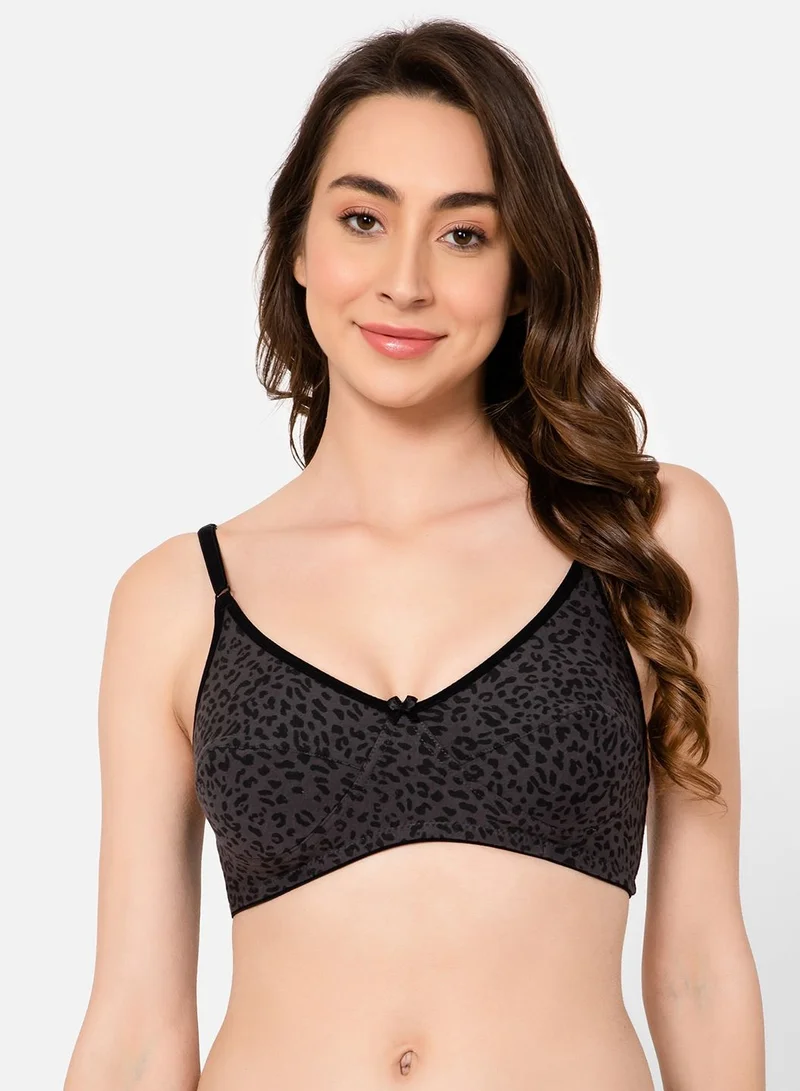 كلوفيا Clovia Non-Padded Non-Wired Full Cup Animal Print Bra In Dark Grey - Cotton