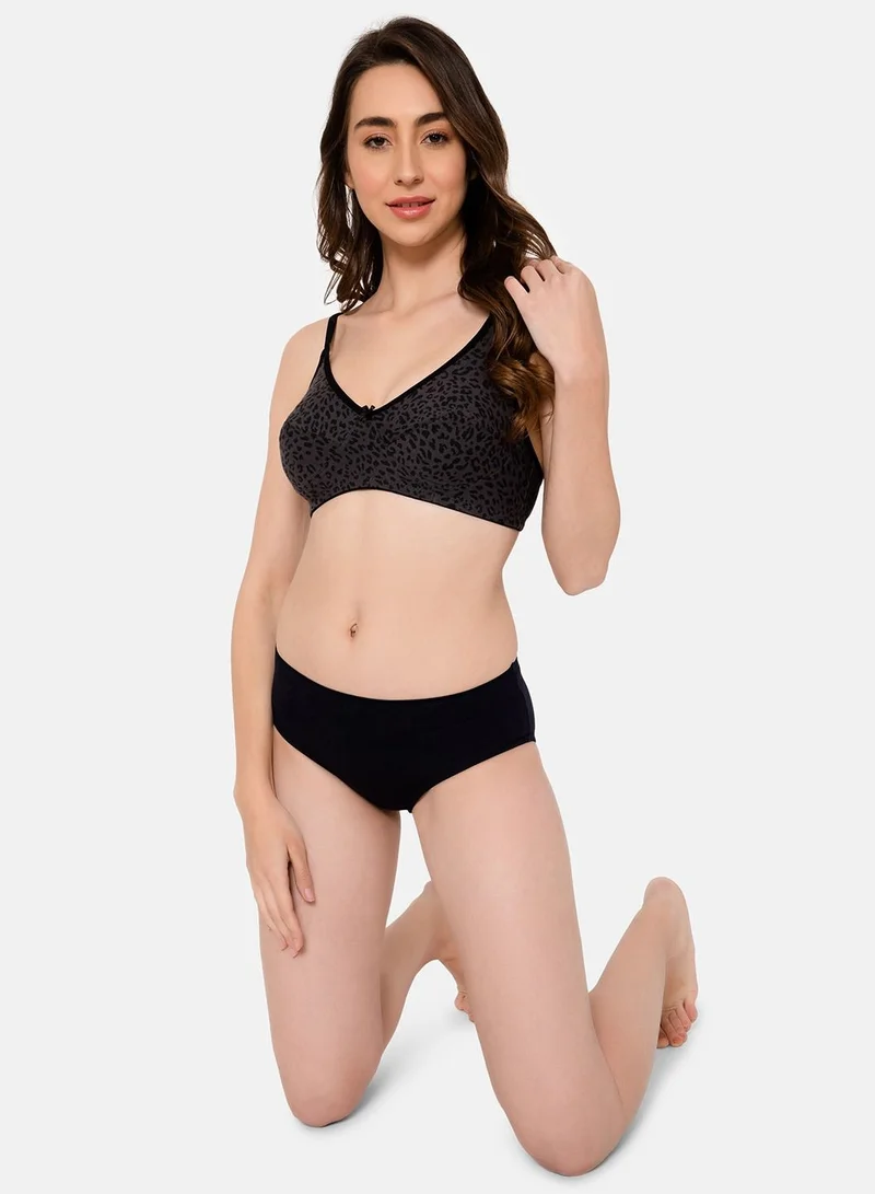 كلوفيا Clovia Non-Padded Non-Wired Full Cup Animal Print Bra In Dark Grey - Cotton