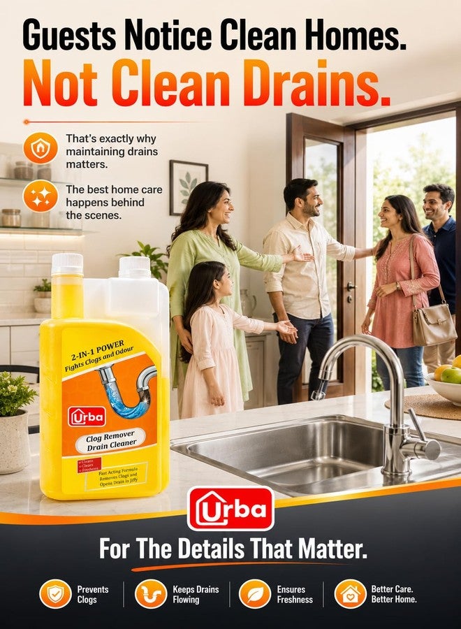 URBA Drain Cleaner & Clog Block Remover 500 ml, Cleaner for Shower or Sink Drains, Unclogs and Removes Hair, Soap Scum, Blockages, for regular use in drains, grease-traps, gullies & pipework - Image 5