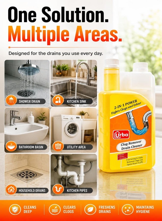 URBA Drain Cleaner & Clog Block Remover 500 ml, Cleaner for Shower or Sink Drains, Unclogs and Removes Hair, Soap Scum, Blockages, for regular use in drains, grease-traps, gullies & pipework - Image 4