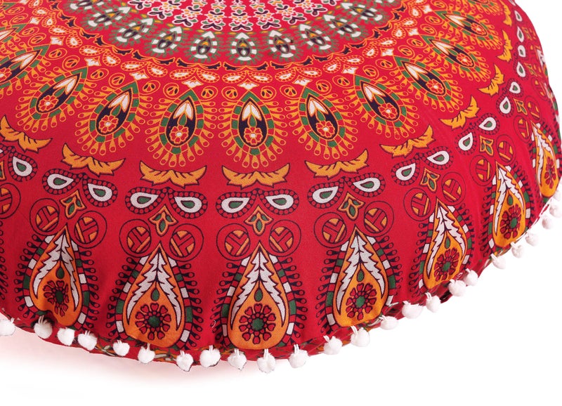 Popular Handicrafts Floor Pillow Cushion Cover  Hippie Mandala Cushion Cover Large with Pom Poms Soft Particles  Pouf Cover Round Bohemian Yoga Decor 32 Red
