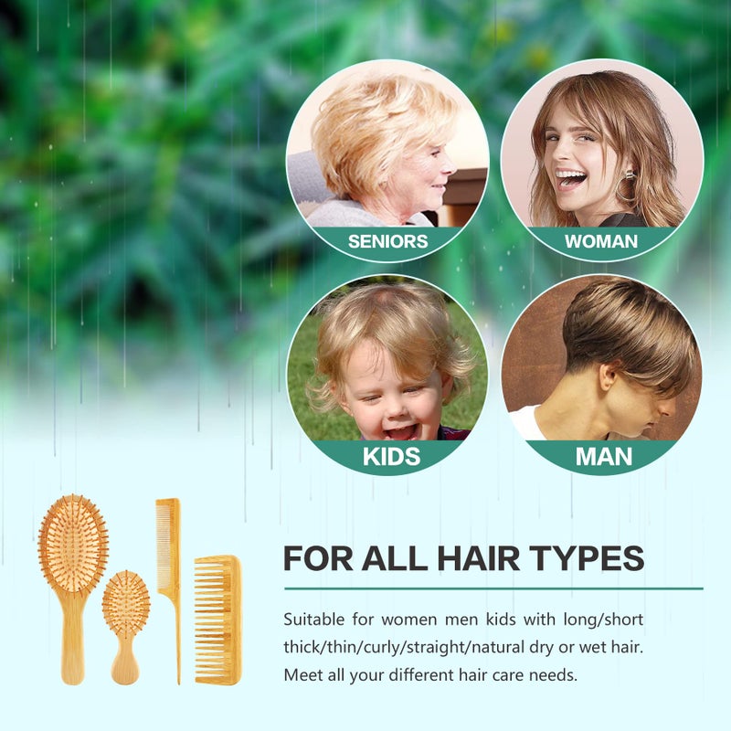 MoyRetty Bamboo Hair Brush Comb Set - Natural Wooden Hairbrush Paddle Detangling for Thick Thin Curly Straight Wavy Dry Fine Hair, Men Women and Kids, Static-Free(4 Pcs) Yellow - Image 4