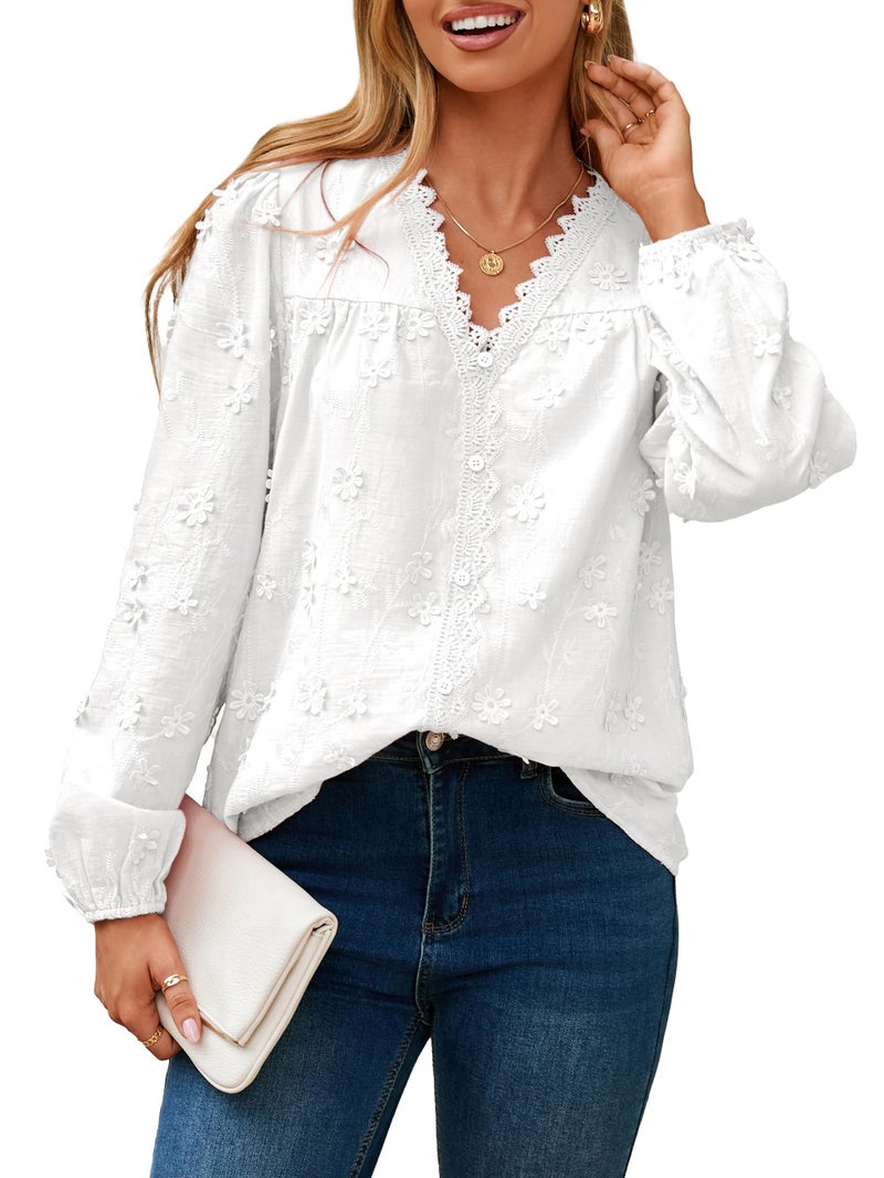 Simplee Womens Eyelet Long Sleeve White Blouses V Neck Button Down Cotton Embroidered Spring Fall Blouse Shirts Fashion Clothes L - Image 1