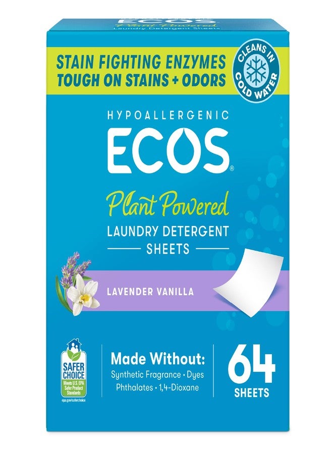 ECOS Laundry Detergent Sheets Vegan, No Plastic Jug, No Mess, Liquid Free - Hypoallergenic, Plant Powered Laundry Detergent Sheet - Lavender Vanilla - 64 Count (Pack of 1) - Image 1