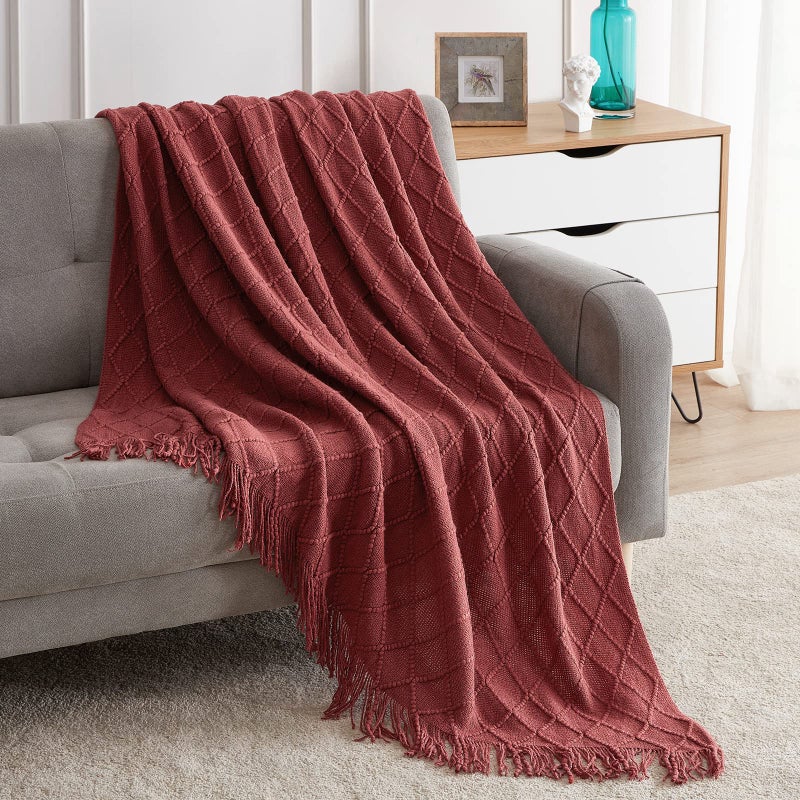 BOURINA Burgundy Throw Blanket 50x60 Inches Throw Textured Solid Soft Sofa Couch Decorative Knit Blanket - Image 1