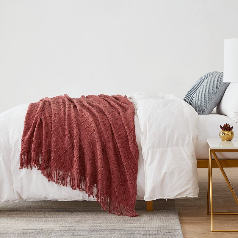 BOURINA Burgundy Throw Blanket 50x60 Inches Throw Textured Solid Soft Sofa Couch Decorative Knit Blanket - Image 2