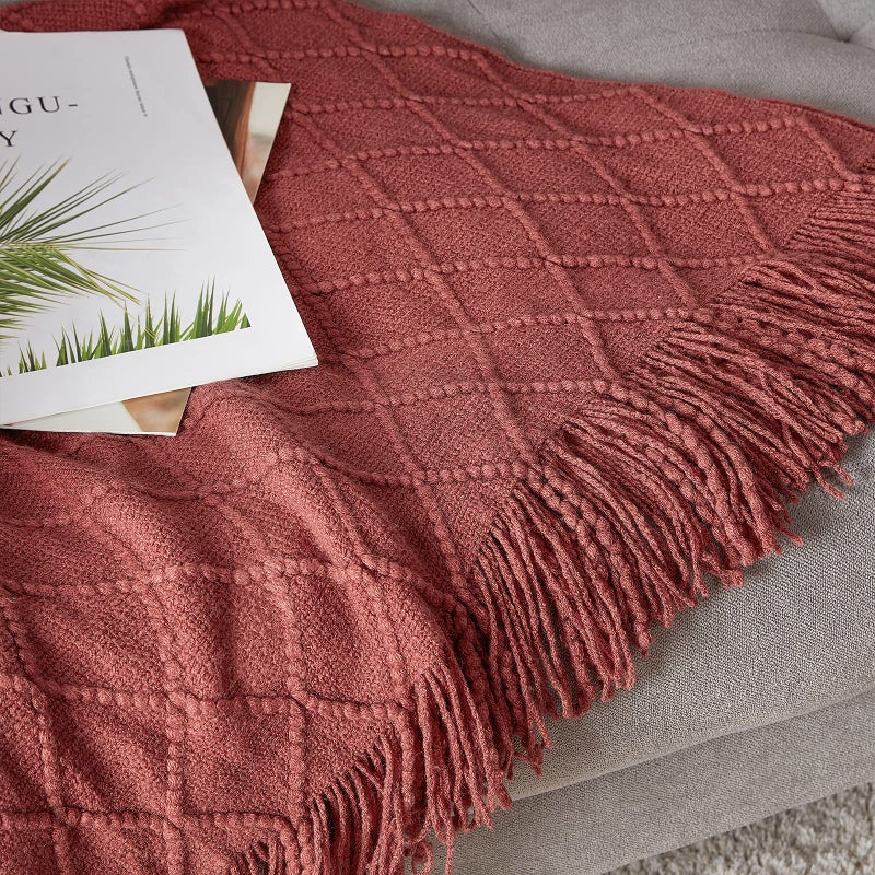 BOURINA Burgundy Throw Blanket 50x60 Inches Throw Textured Solid Soft Sofa Couch Decorative Knit Blanket - Image 5