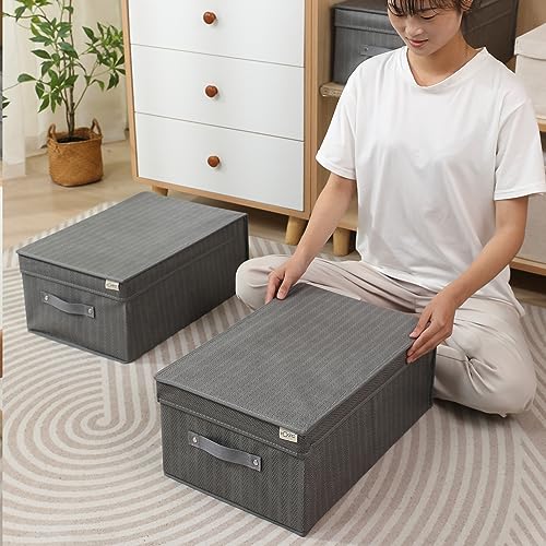 HOKIPO Fabric Cloth Storage Wardrobe Organiser Box With Lid, Size - 45 X 30 X 20 Cm (Pack of 2), Grey, Rectangular - Image 2
