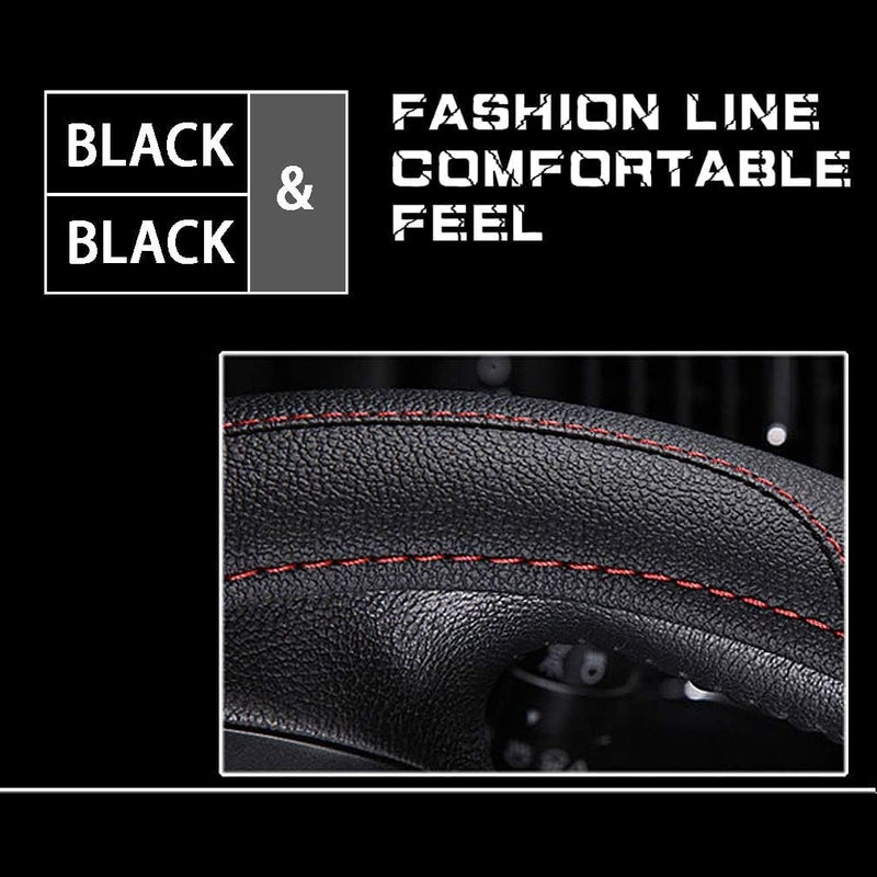 Coofig Leather Car Steering Wheel Covers Universal 37-38cm /15inch Breathable Anti-slip Protector Interior Accessories for Auto/Truck/SUV/Van for Men Women (Black -2) - Image 3