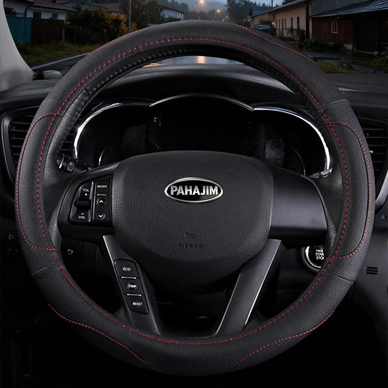 Coofig Leather Car Steering Wheel Covers Universal 37-38cm /15inch Breathable Anti-slip Protector Interior Accessories for Auto/Truck/SUV/Van for Men Women (Black -2) - Image 1