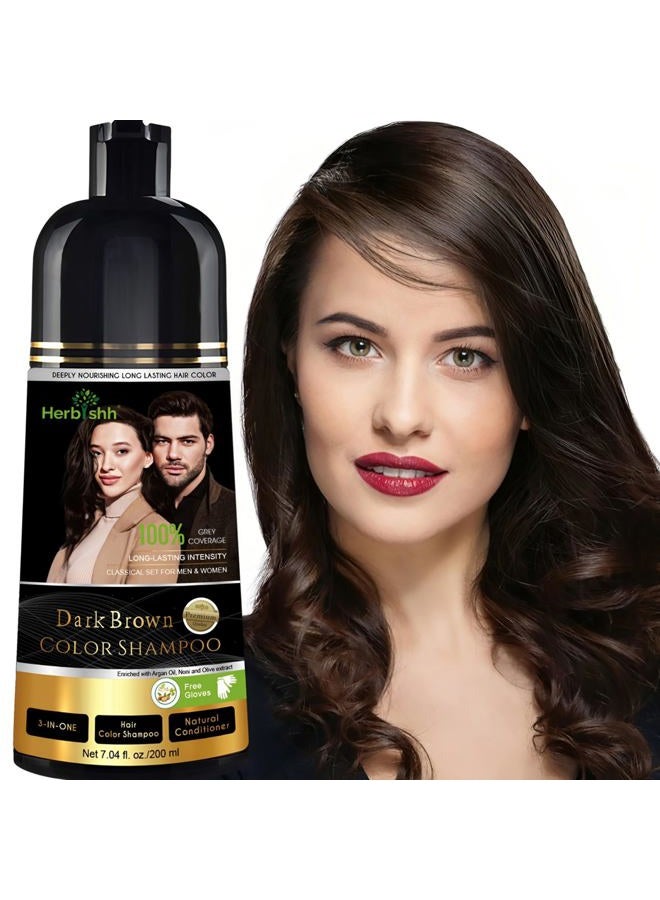 Herbishh Dark Brown Hair Dye Shampoo 3 in 1, 100% Grey Coverage, Hair Color for Men & Women, Long-lasting Color in 20-25 Mins, Ammonia-free, 200 ml - Image 1