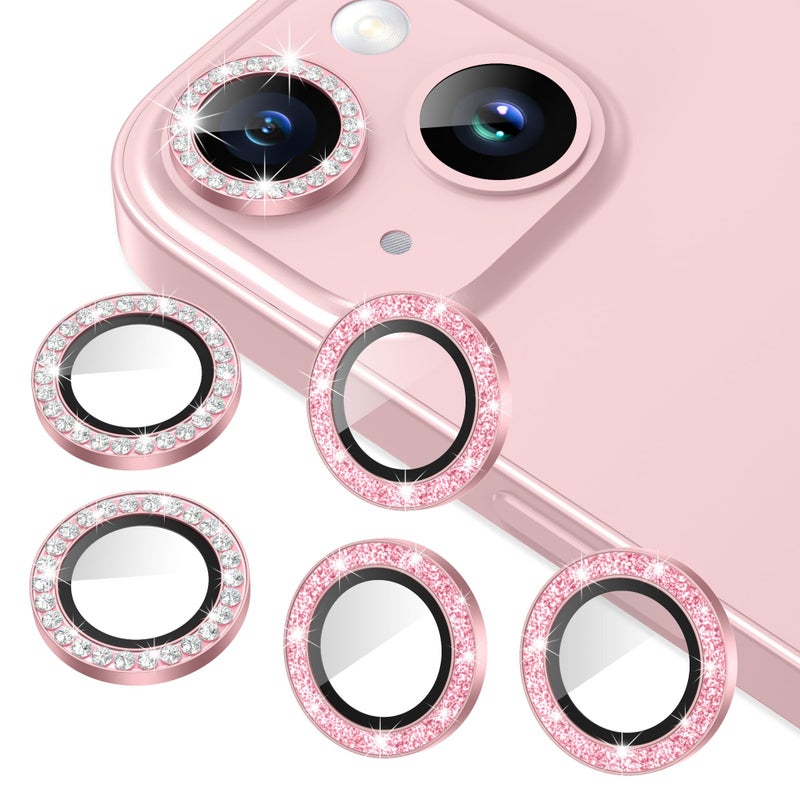 AGVEE 3+3 6 Pack for iPhone 15 6.1" / 15 Plus 6.7" Camera Lens Protector, Bling Diamond & Bling Glitter Metal Ring 9H Tempered HD Glass Camera Cover Film, Bling-Pink - Image 1