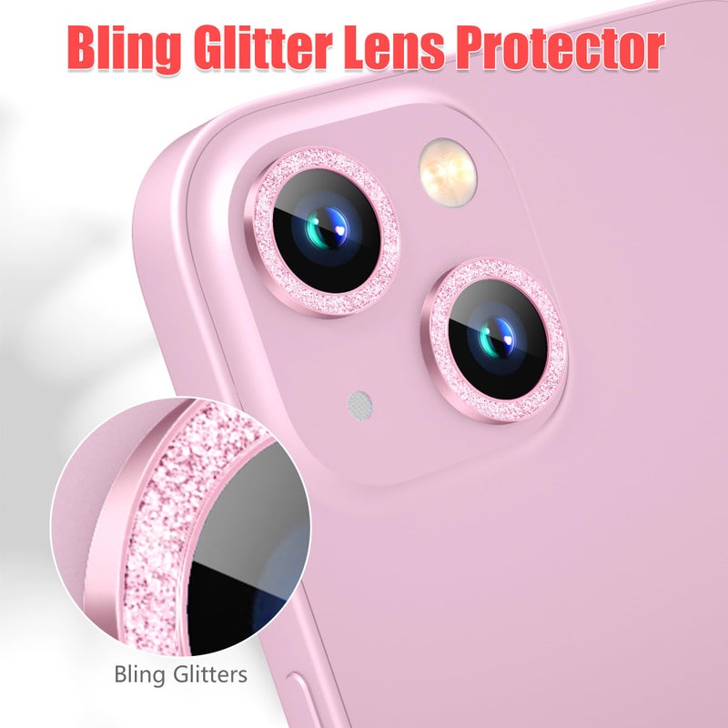 AGVEE 3+3 6 Pack for iPhone 15 6.1" / 15 Plus 6.7" Camera Lens Protector, Bling Diamond & Bling Glitter Metal Ring 9H Tempered HD Glass Camera Cover Film, Bling-Pink - Image 5