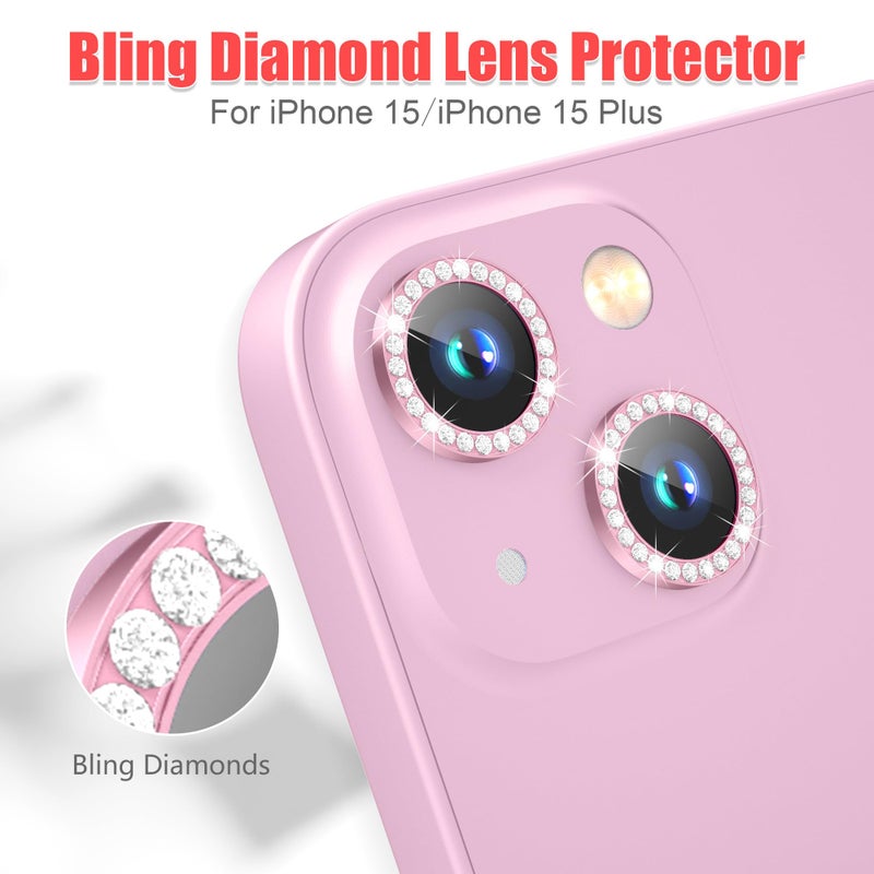 AGVEE 3+3 6 Pack for iPhone 15 6.1" / 15 Plus 6.7" Camera Lens Protector, Bling Diamond & Bling Glitter Metal Ring 9H Tempered HD Glass Camera Cover Film, Bling-Pink - Image 4