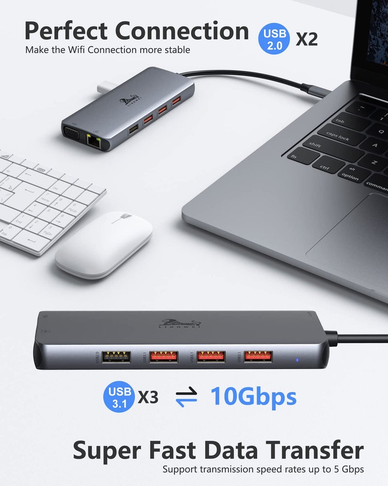 LIONWEI Laptop Docking Station Dual Monitor, 11-in-1 to 4K HDMI,VGA,Gigabit Ethernet,3 USB 3.1 10G,2 USB 2.0,87W PD,Audio for Dell/Surface/HP/Lenovo Laptops - Image 5