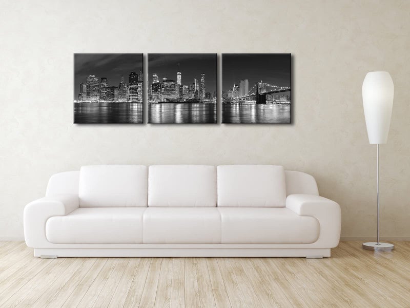 Pyradecor New York City Skyline Night Modern 3 panel Stretched Black and White Cityscape Canvas Prints Pictures Paintings on Wall Art for Living Room Bedroom Home Decorations - Image 2