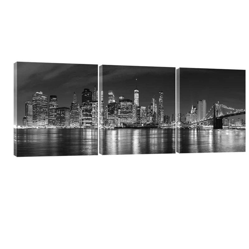 Pyradecor New York City Skyline Night Modern 3 panel Stretched Black and White Cityscape Canvas Prints Pictures Paintings on Wall Art for Living Room Bedroom Home Decorations - Image 1