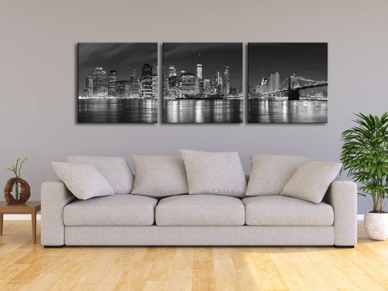 Pyradecor New York City Skyline Night Modern 3 panel Stretched Black and White Cityscape Canvas Prints Pictures Paintings on Wall Art for Living Room Bedroom Home Decorations - Image 5