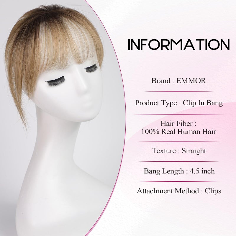 EMMOR Clip in Bangs, 100% Human Hair Bangs with 3 Non-slip Clips, 360Â°Cover Top HairPieces with 5 inch Wispy Fringes for enhancing Women's Facial Features(Ombre Ash Blonde) - Image 2