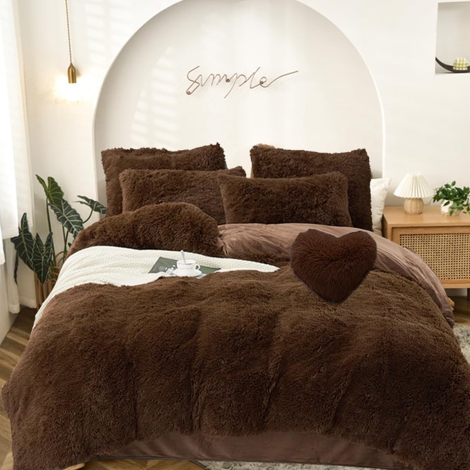 5 PCS SHAGGY DUVET COVER BEDDING SET FLUFFY COMFORTER COVER LONG FAUX FUR LUXURY ULTRA SOFT COZY BROWN KINGCALIFORNIA KING
