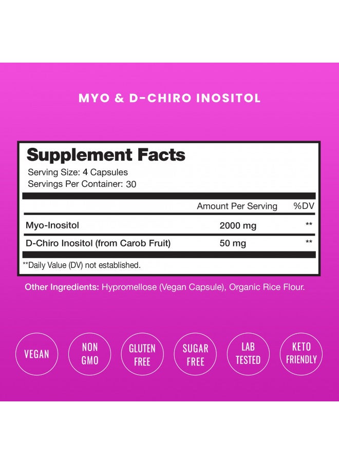 Myo-Inositol & D-Chiro Inositol Supplement [40:1 Ratio] B8 Powder Enhanced with Vitex & Folic Acid | Ovarian & PCOS Support + Fertility & Hormone Balance for Women & Men | 90 Vegan Capsules