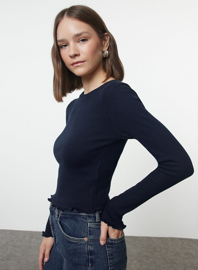 Navy Blue Fitted Crop Ribbed Stretchy Knitted Blouse TWOAW25BZ00167