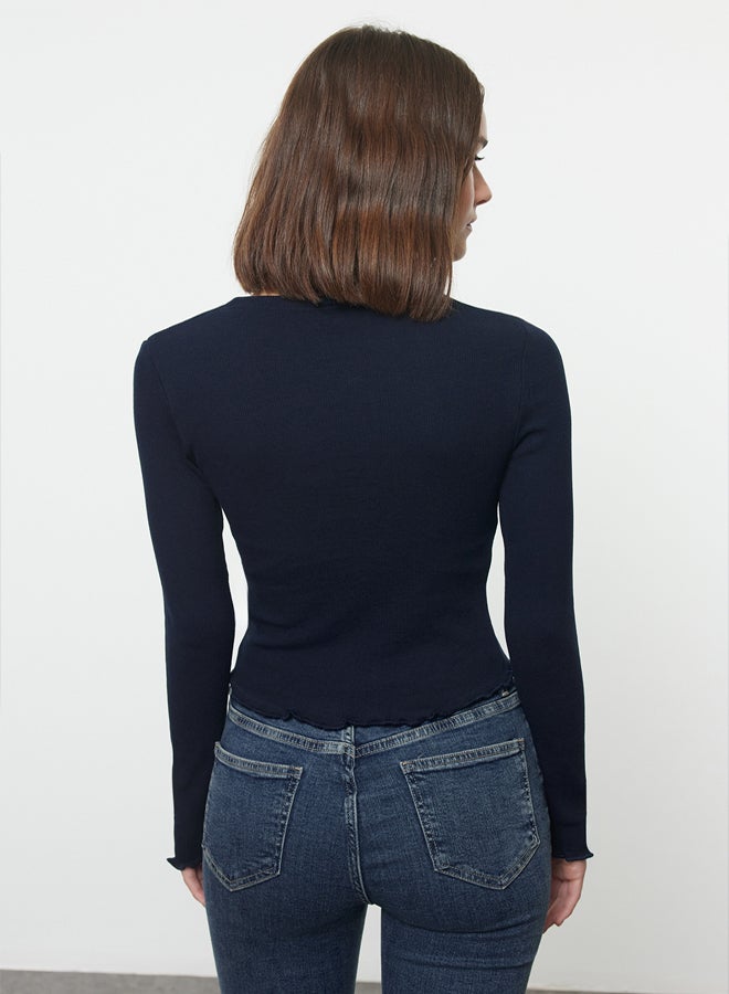 Navy Blue Fitted Crop Ribbed Stretchy Knitted Blouse TWOAW25BZ00167