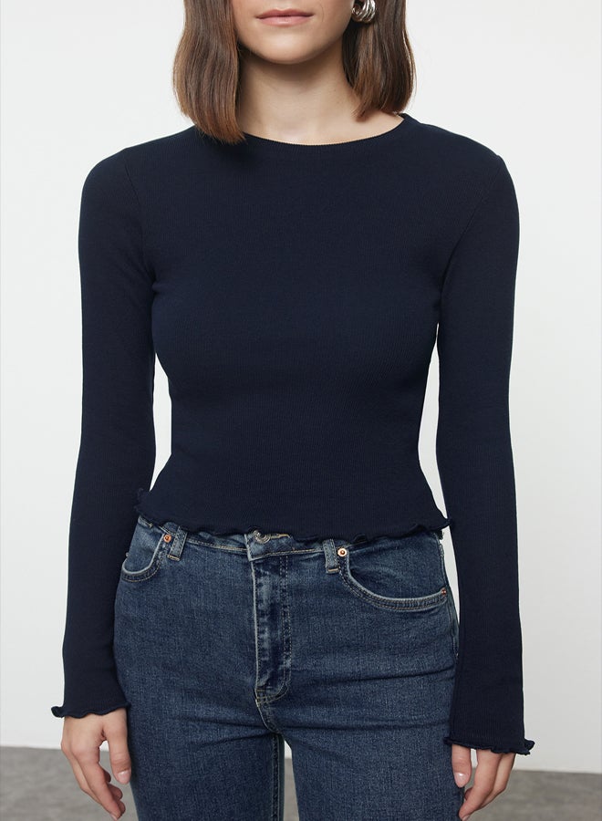Navy Blue Fitted Crop Ribbed Stretchy Knitted Blouse TWOAW25BZ00167
