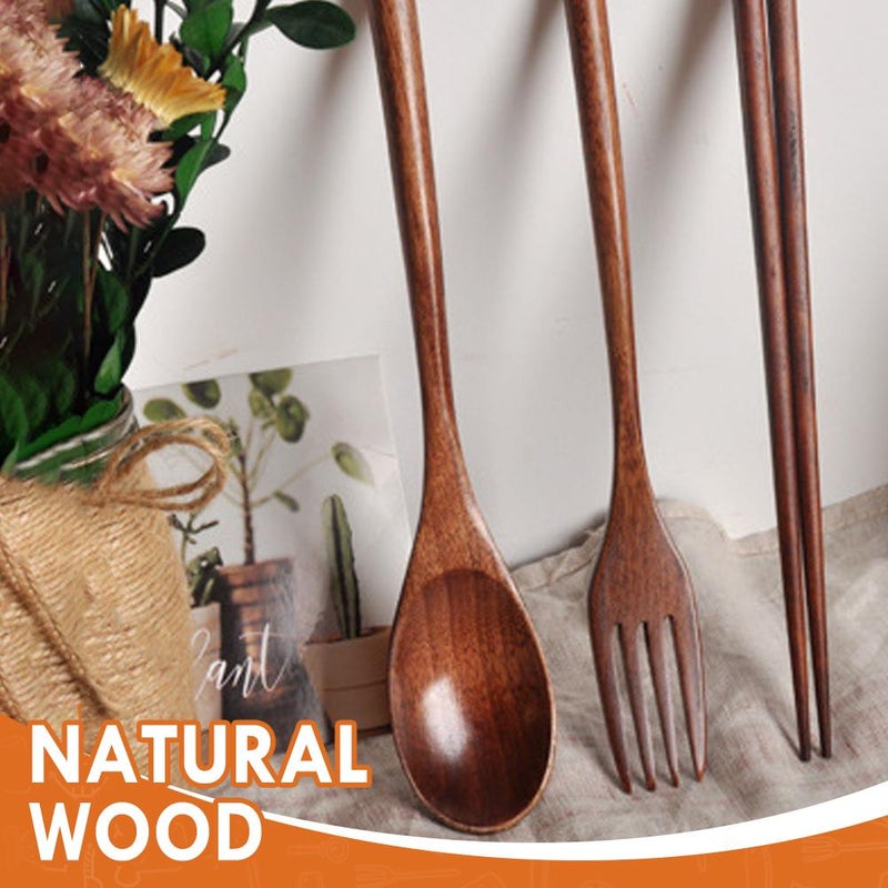3-Piece Korean Style Wooden Dinnerware Set, Creative Colorful Wooden Spoon Set, Solid Wood Long-Handled Couple Spoons and Chopsticks, Portable Dinnerware - Image 5