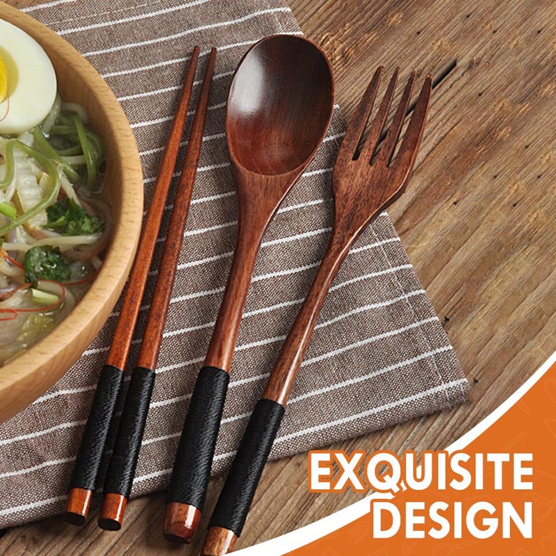 3-Piece Korean Style Wooden Dinnerware Set, Creative Colorful Wooden Spoon Set, Solid Wood Long-Handled Couple Spoons and Chopsticks, Portable Dinnerware - Image 4